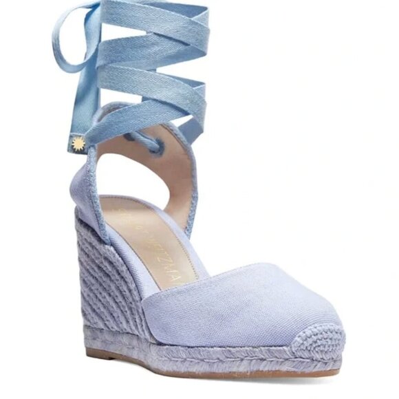 Stuart Weitzman Espadrille Wedges Heels Lace Up Ankle Strap Canvas Blue Size 6.5 - Picture 12 of 14